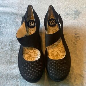 Fly London Black Suede Leather Wedge Mary Janes 42 EU Yeon Cupido